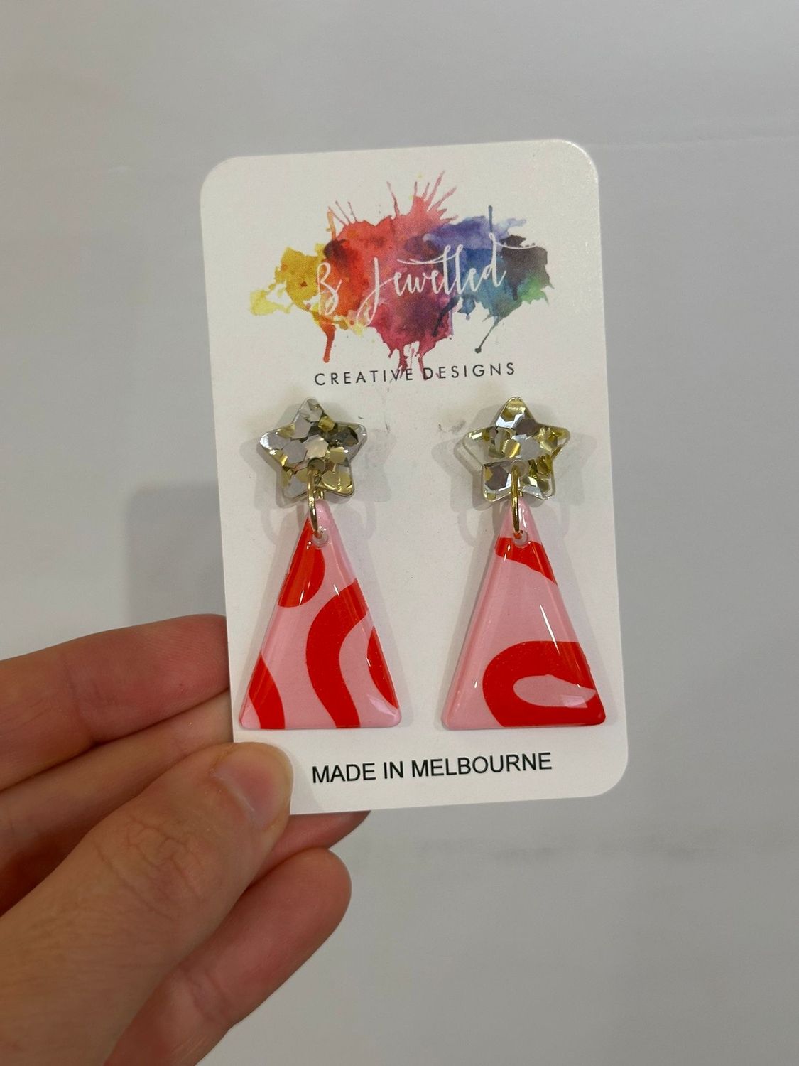 Bjewelled Christmas Tree Dangle Earrings in Red &amp; Pink