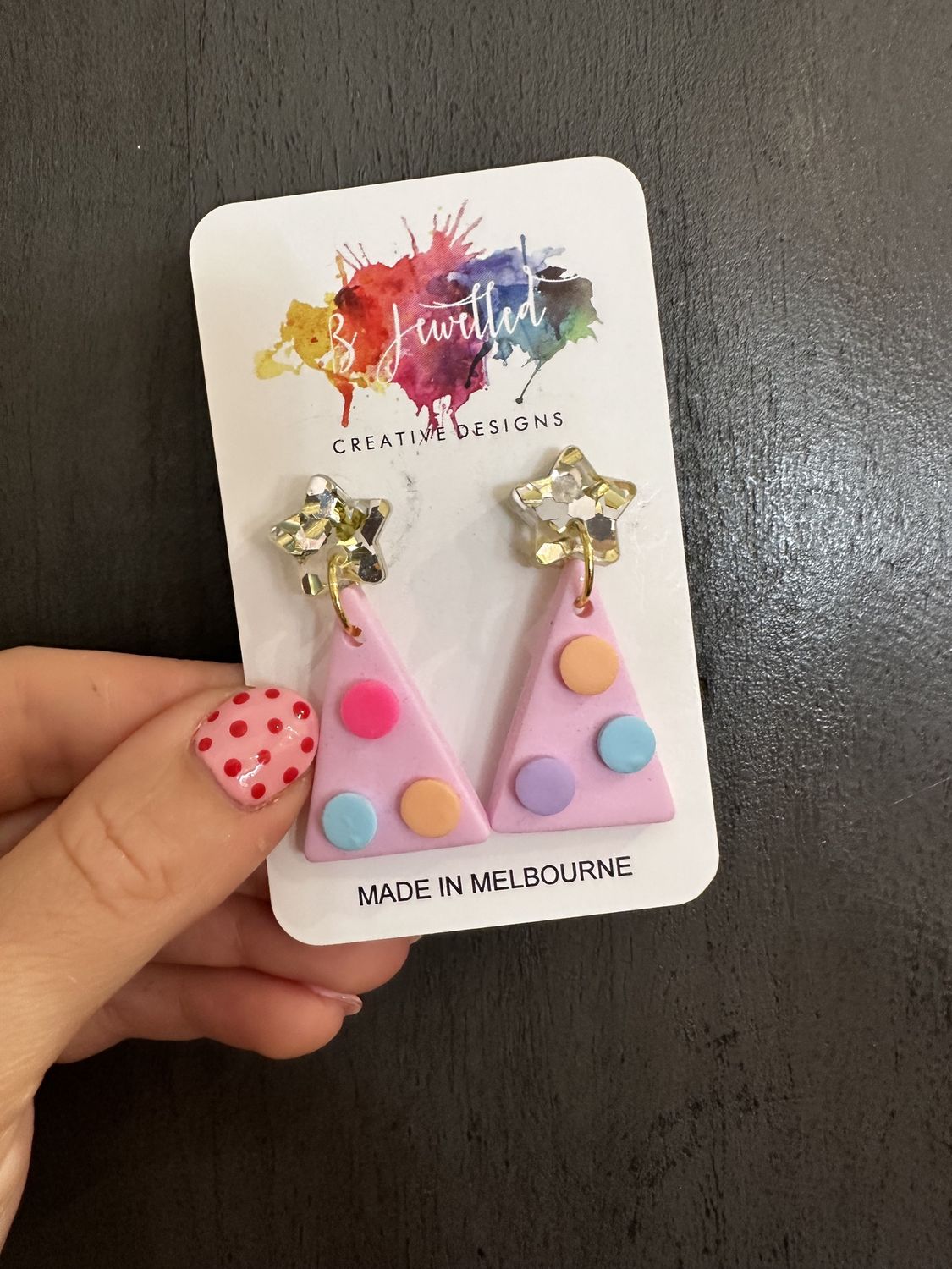 Bjewelled Christmas Tree Dangle Earrings in Pink Spots
