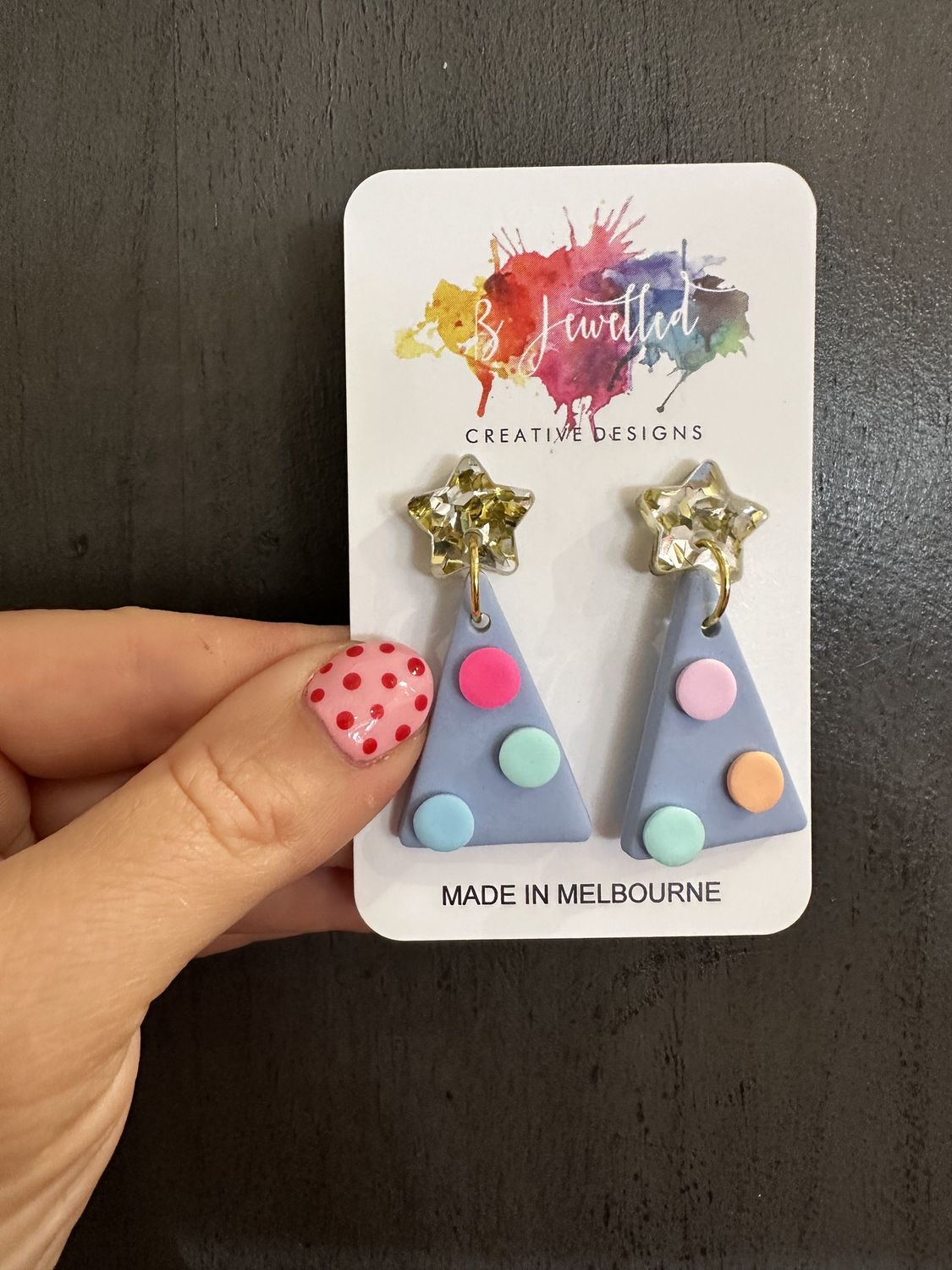 Bjewelled Christmas Tree Dangle Earrings in Blue Spot