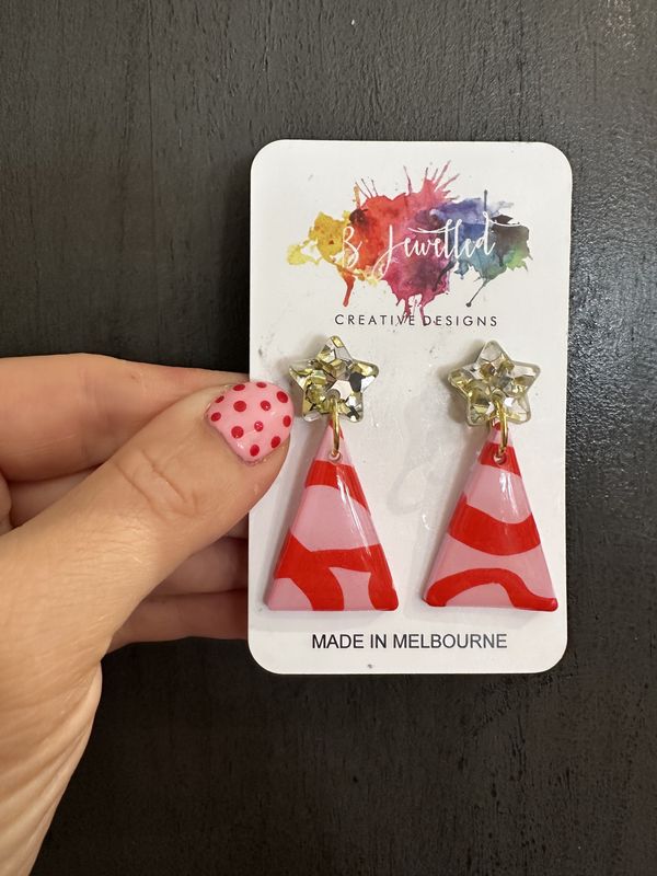 Bjewelled Christmas Tree Dangle Earrings in Red &amp; Pink