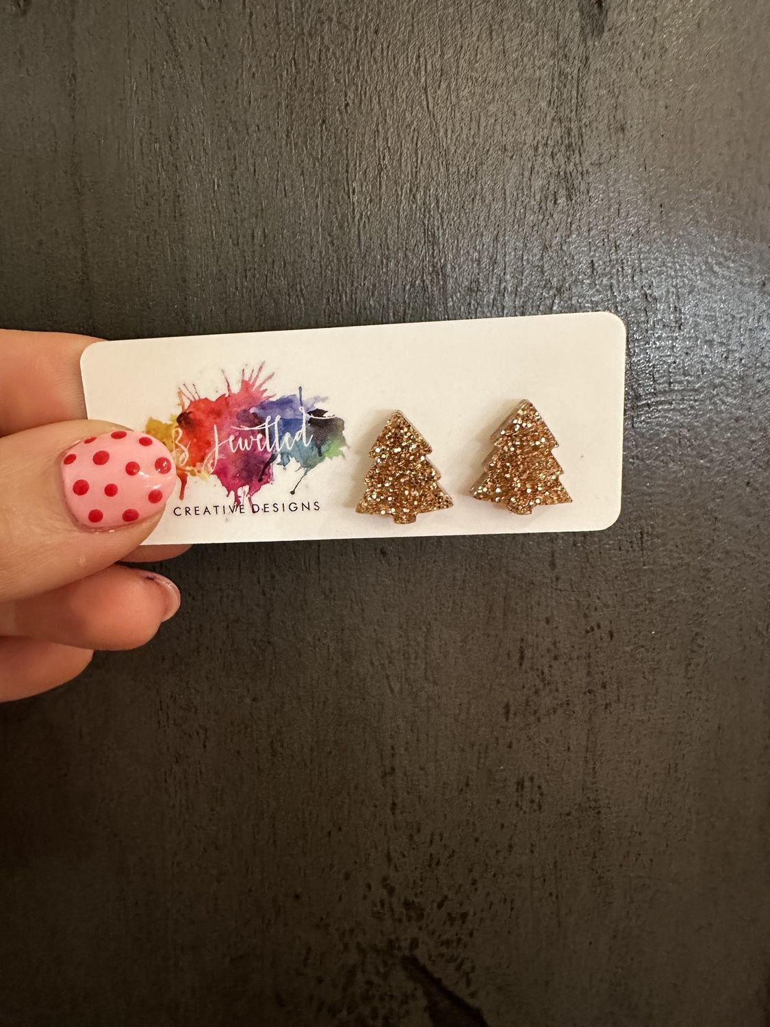 BJewelled Christmas Tree Studs in Glitter Gold
