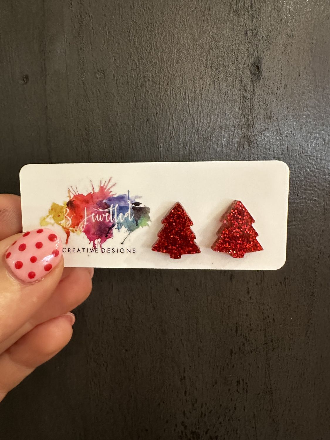BJewelled Christmas Tree Studs in Glitter Red