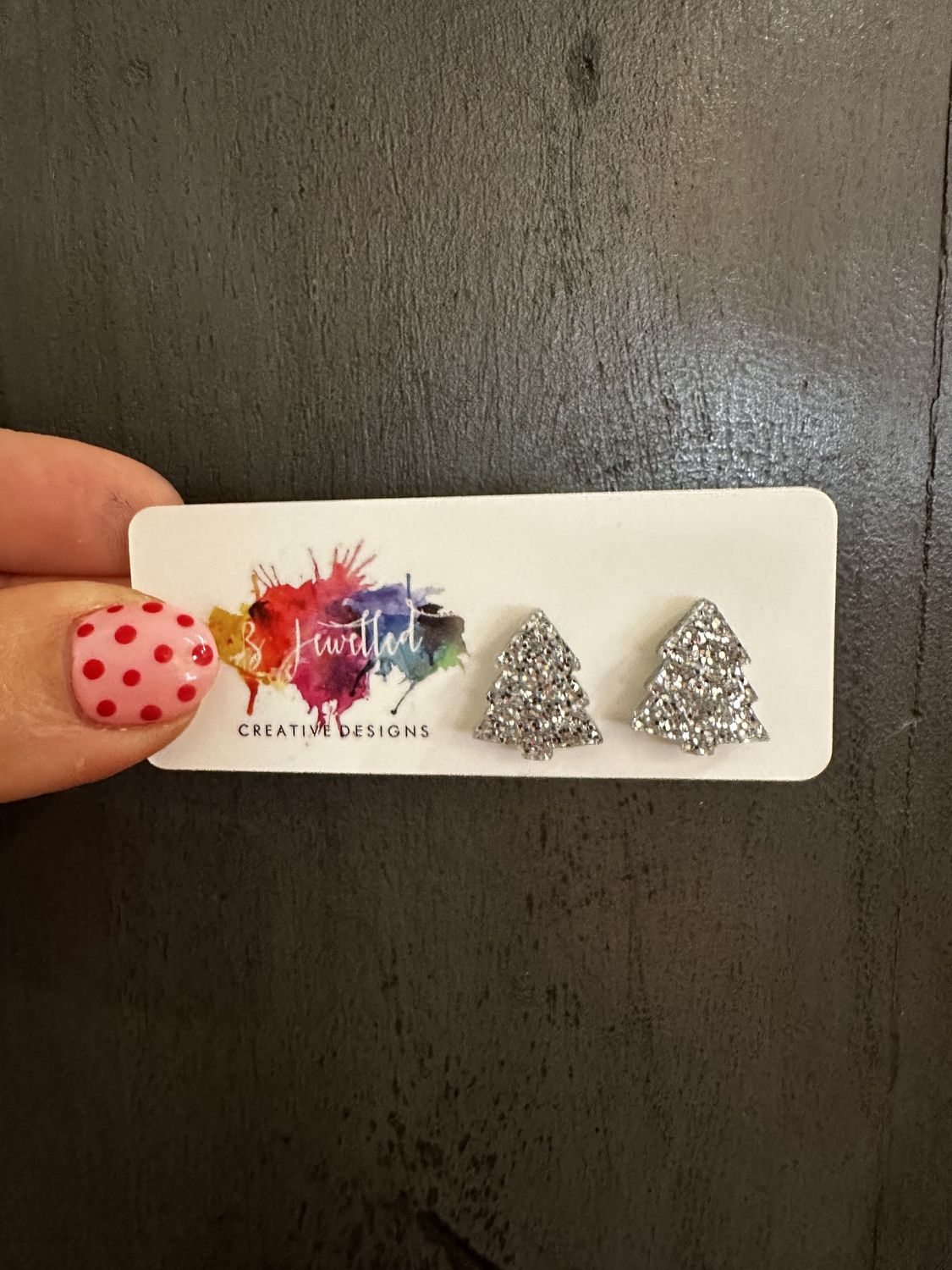 BJewelled Christmas Tree Studs in Glitter Silver