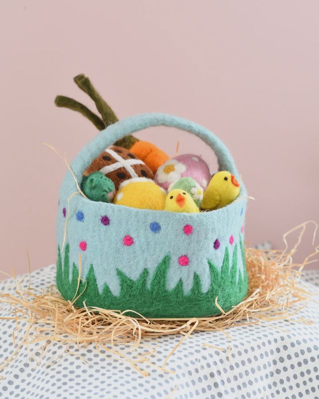 Felt Blue Basket with Colourful PolkaDots