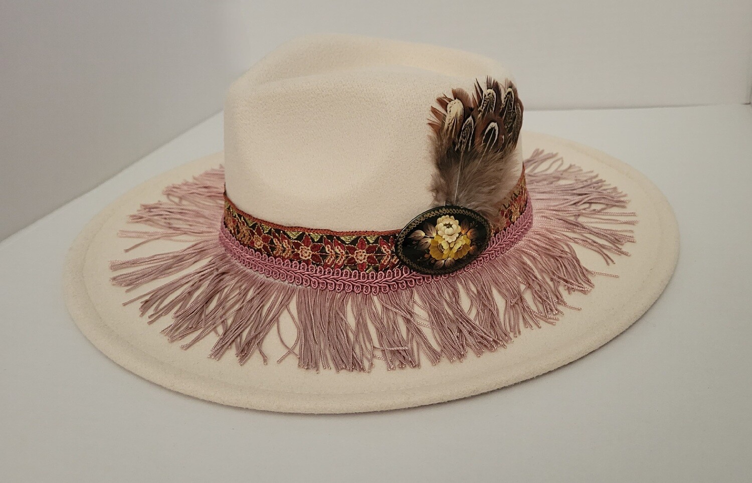 Rose Fringe Hat With Vintage Pin