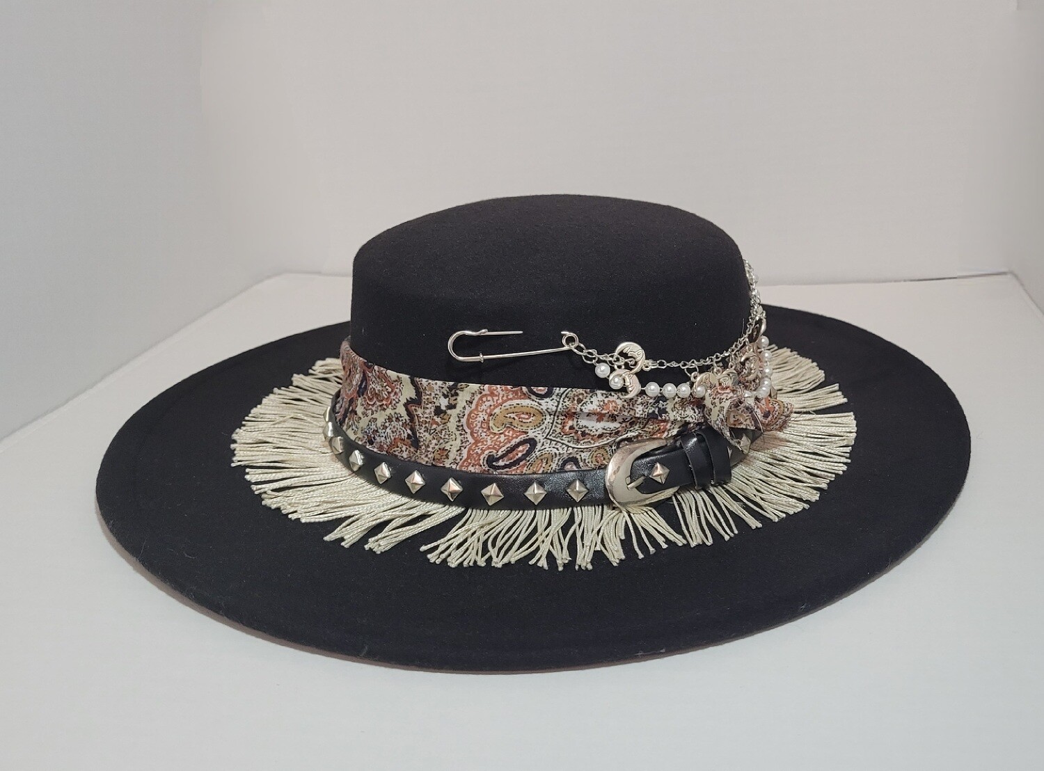 Black Studded Belted Hat