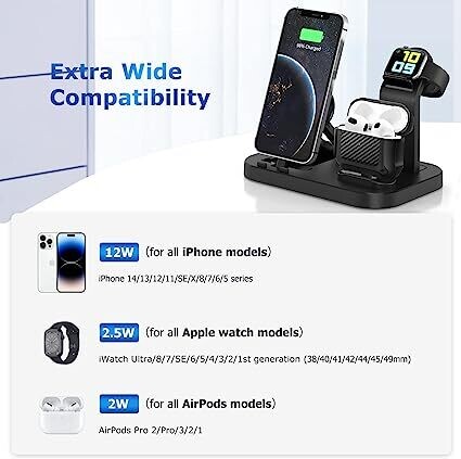 Charging Station for Multiple Devices Apple, 3 in 1 Charging Station for iPhone/iWatch/Air, 15W Fast Charging Dock Compatible with Apple Watch Series 7/6/5/SE/4/3/2/1 with Block &amp; Cable, Black