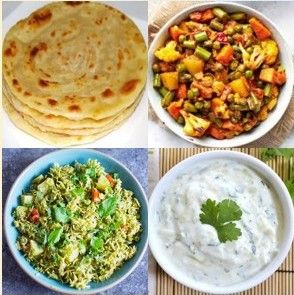 Meal - Paratha, Mixed Veg Subzi, Mint Pulao, and Cucumber Raita