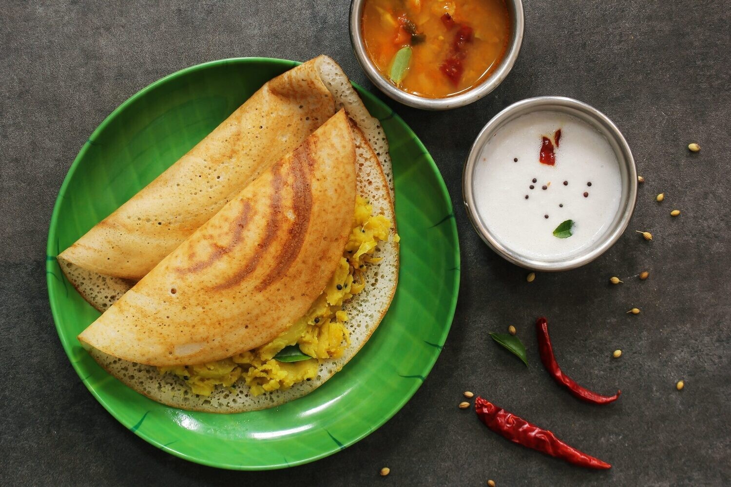 Masala Dosa with Chutney and Sambhar