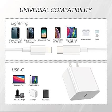 iPhone Charger Apple USB C Fast Wall Plug with 6ft USB C to Lightning Cable