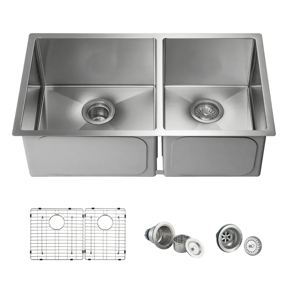 Casa 32 3/4" Handcrafted Undermount Double Bowl Stainless Steel Kitchen Sink - C1-33DBS