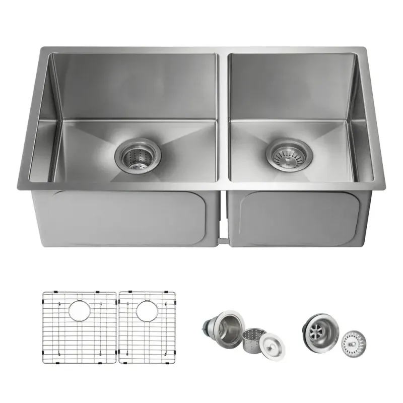 Casa 32 3/4" Handcrafted Undermount Double Bowl Stainless Steel Kitchen Sink - C1-33DBS