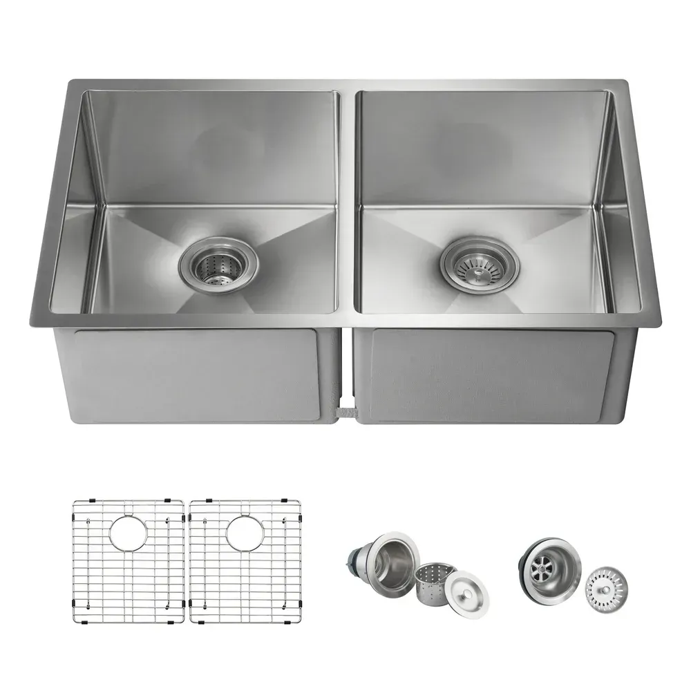 Casa 32 3/4" Handcrafted Undermount Double Bowl Stainless Steel Kitchen Sink - C1-33DEQ