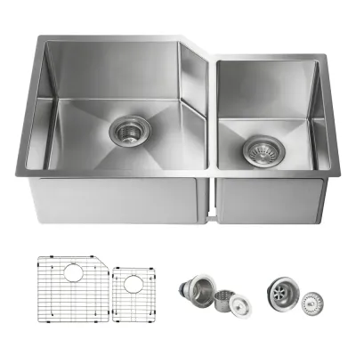 32" Handcrafted Undermount Double Bowl Stainless Steel Kitchen Sink - KBC1-32D