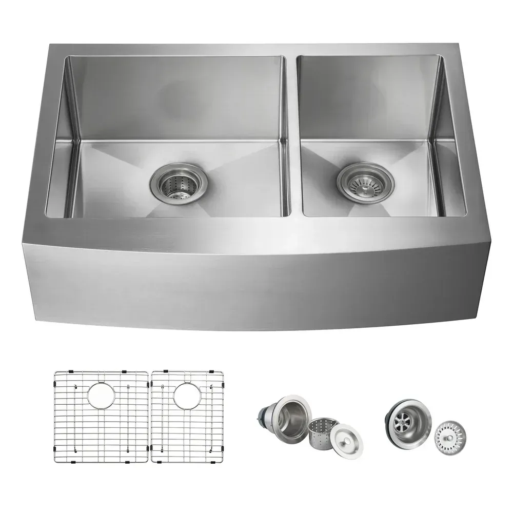 Casa 33" Handcrafted Farmhouse Apron Double Bowl Stainless Steel Kitchen Sink - C1-33DF