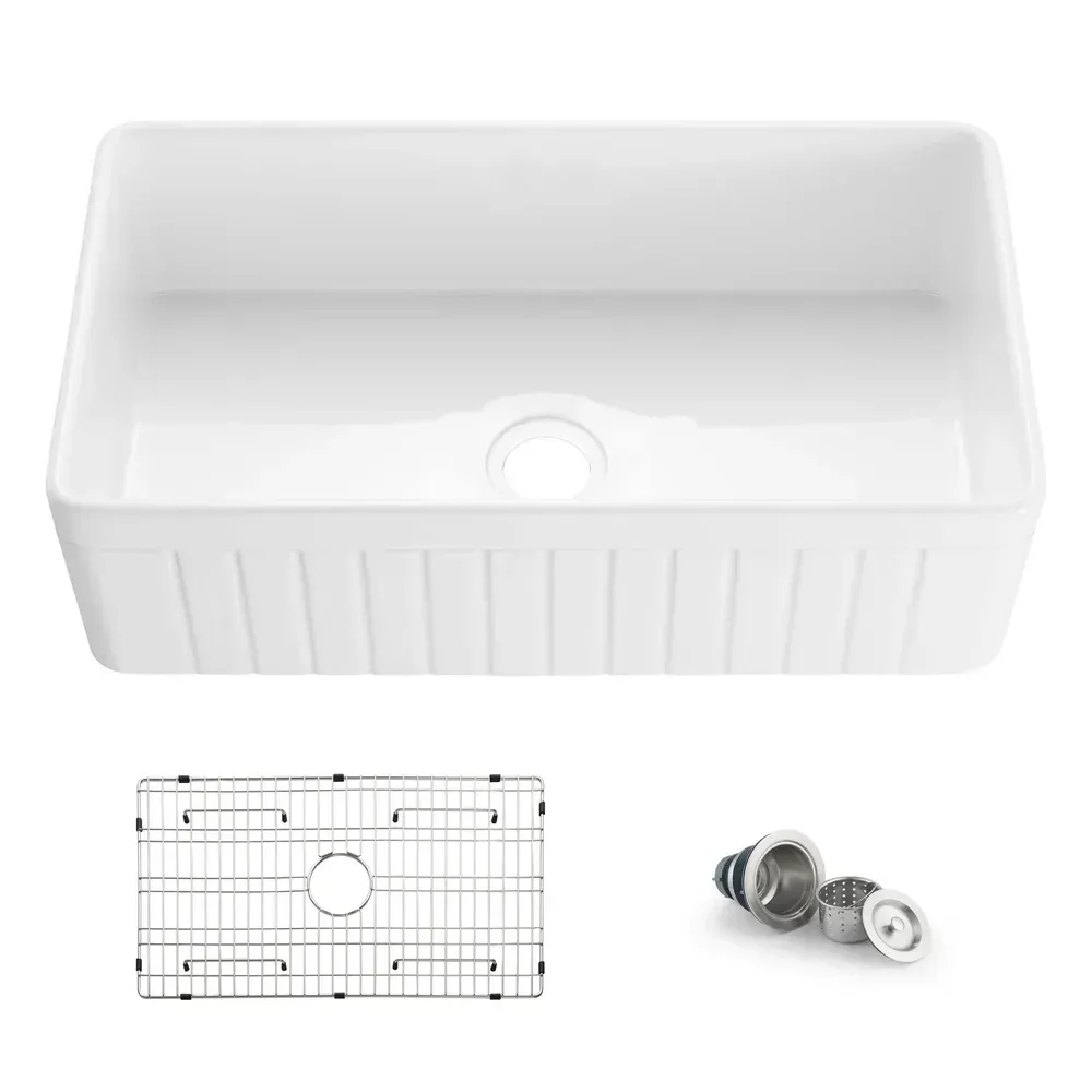 Casa Nova - PL 33" White Reversible Fireclay Single Bowl Kitchen Farmhouse Sink - C2-33SFPI