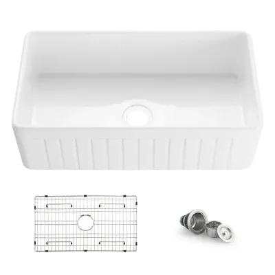 Nova - PL 33" White Reversible Fireclay Single Bowl Kitchen Farmhouse Sink - KBC2-33SFPI