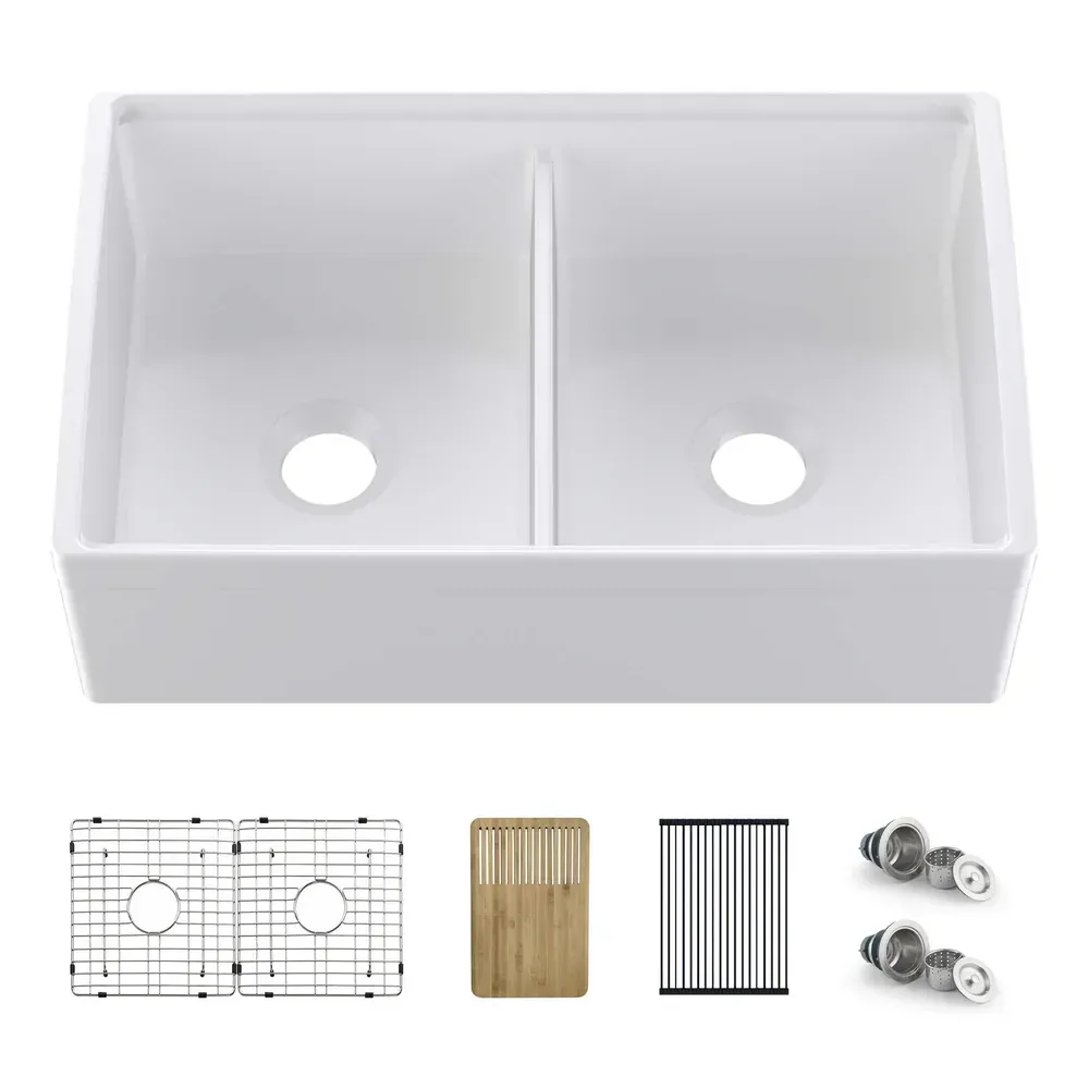 Casa Nova 33" White Fireclay Double Bowl Farmhouse Kitchen Workstation Sink - C2-33DFT