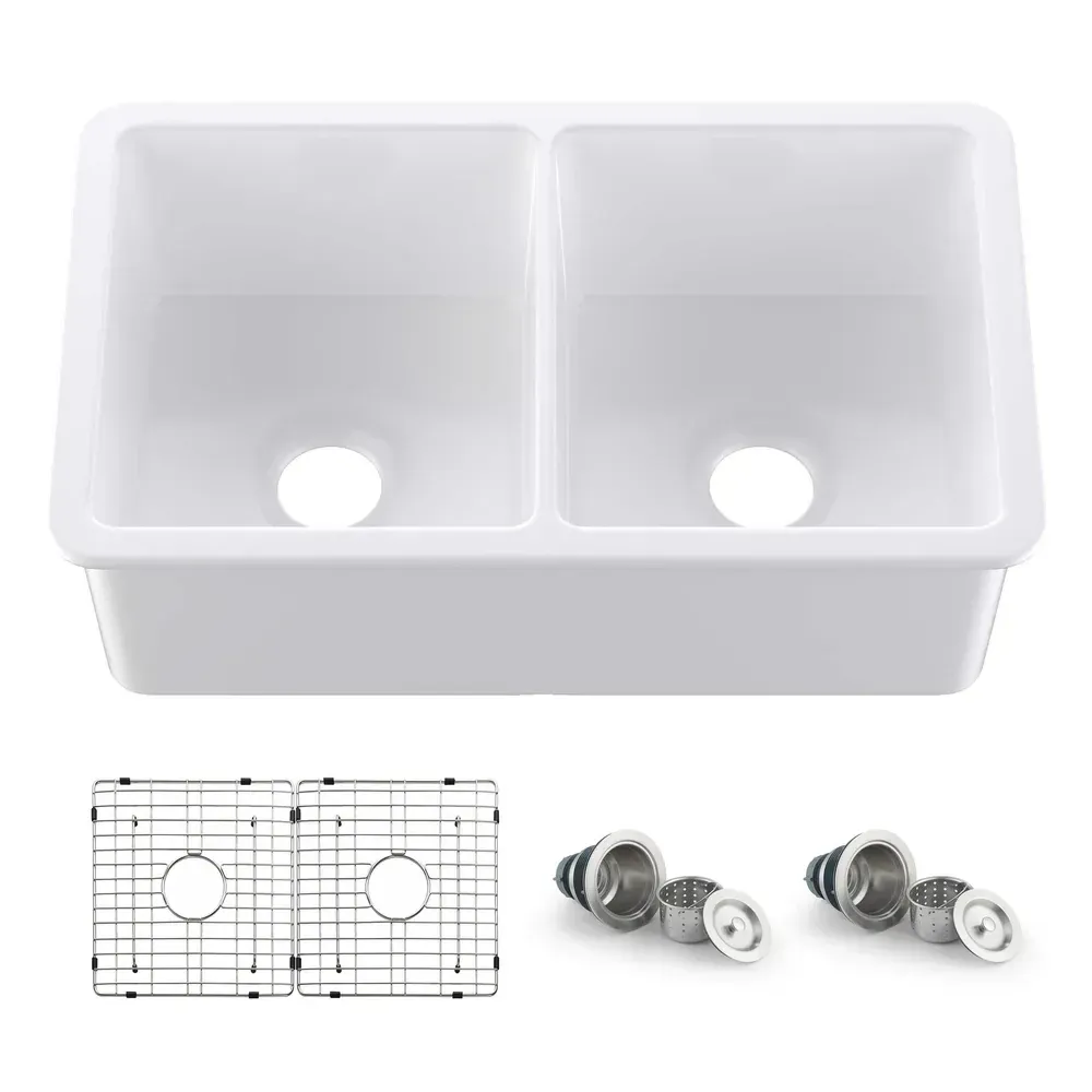 Casa Nova 32" White Fireclay Double Bowl Undermount Kitchen Sink - C2-32D