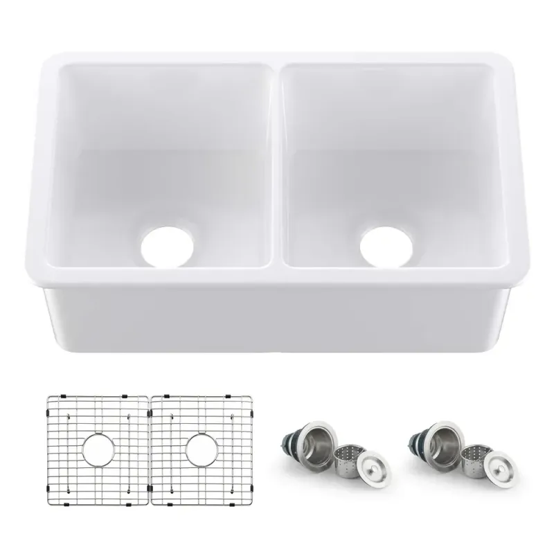 Casa Nova 32" White Fireclay Double Bowl Undermount Kitchen Sink - C2-32D