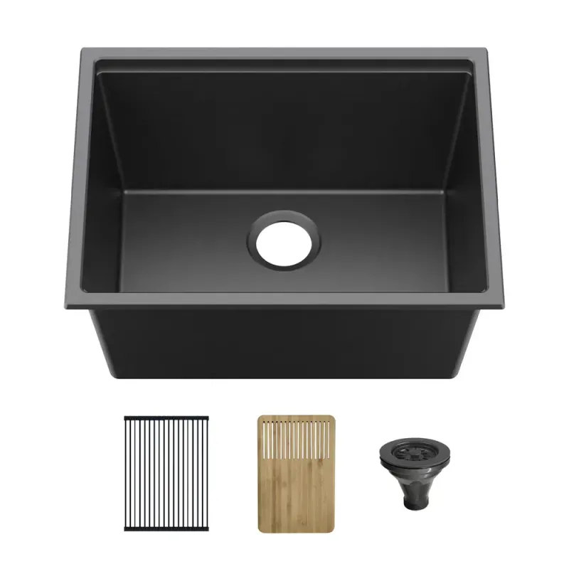 Casa 25" Black Undermount Workstation Single Bowl Quartz Kitchen Sink - C4-25ST