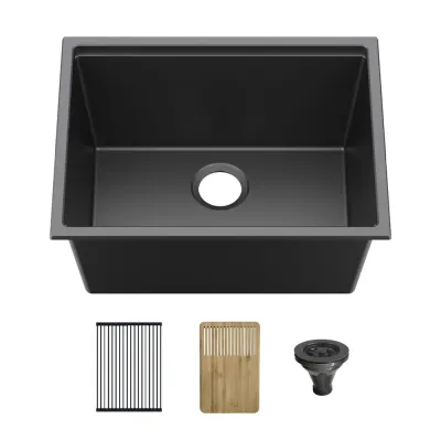 Casa 25" Black Undermount Workstation Single Bowl Quartz Kitchen Sink - C4-25ST