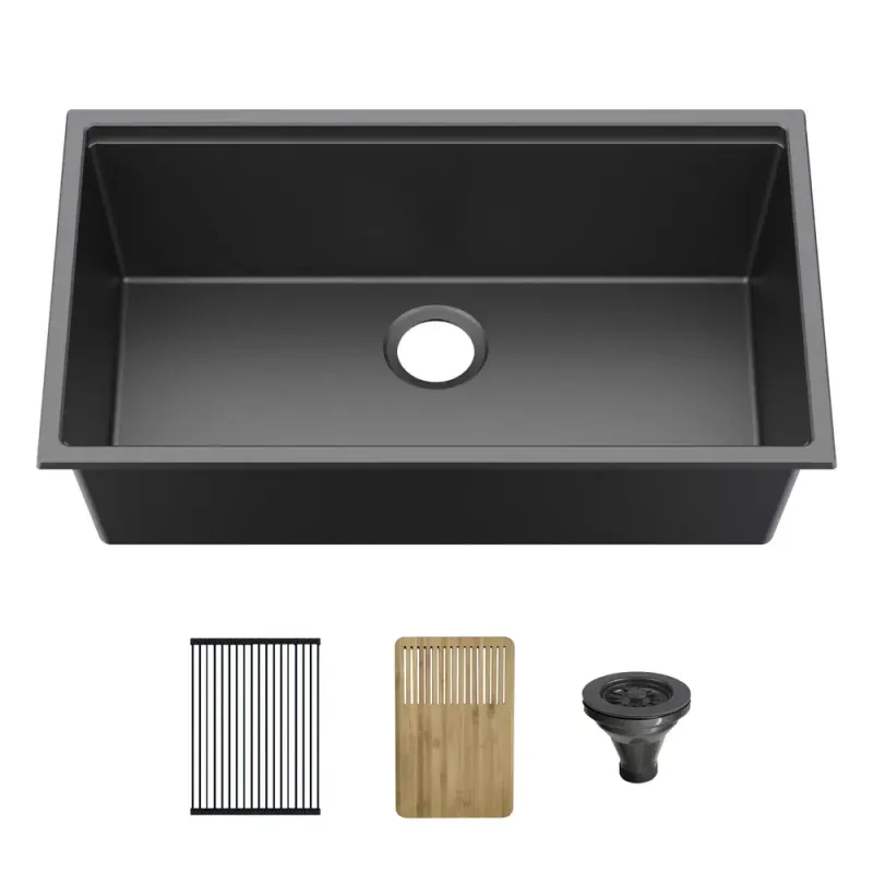 Casa 33" Black Undermount Workstation Single Bowl Quartz Kitchen Sink - C4-33ST
