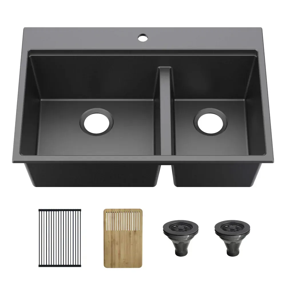 Casa 33" Black Top-Mount Workstation Double Bowl Quartz Kitchen Sink - C4-33TDT