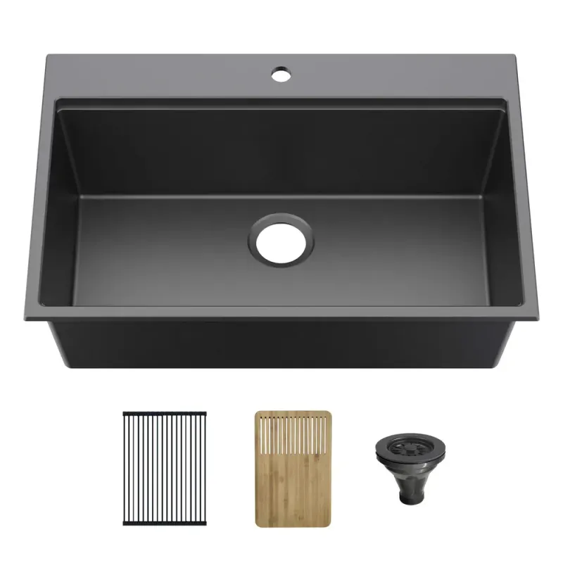 Casa 33" Black Top-Mount Workstation Single Bowl Quartz Kitchen Sink - C4-33TST