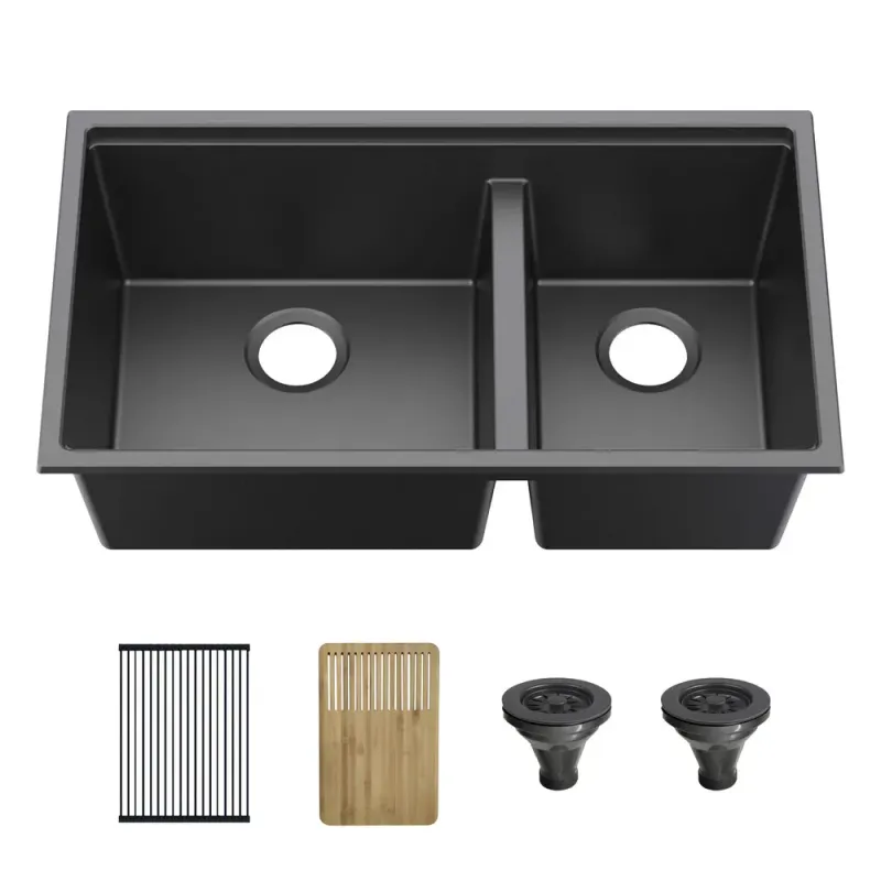 Casa 33" Black Undermount Workstation Double Bowl Quartz Kitchen Sink - C4-33DT