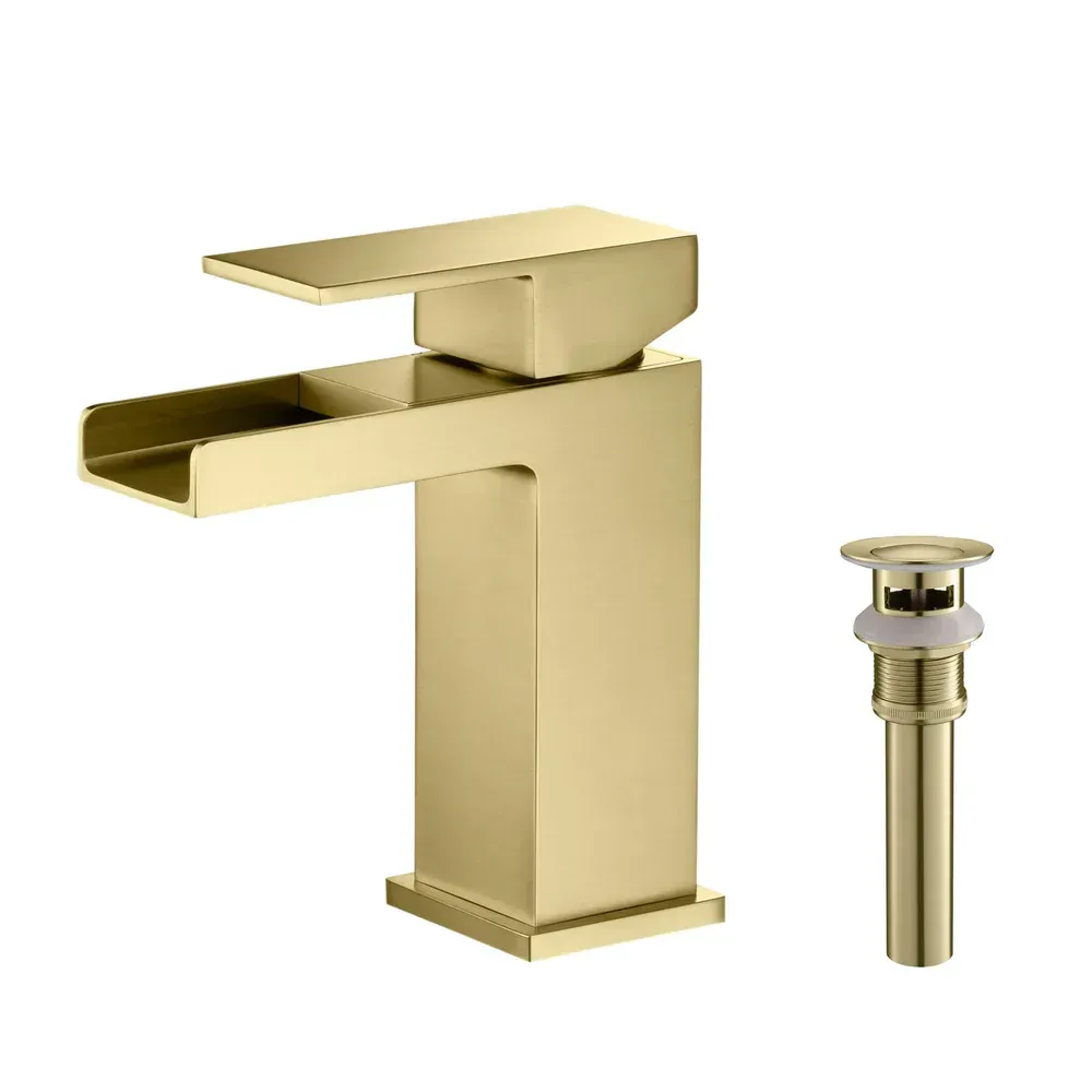 Casa Quadra Waterfall Single Handle Bathroom Vanity Sink Faucet with Pop Up Drain Brushed Gold - CBF-1004BG