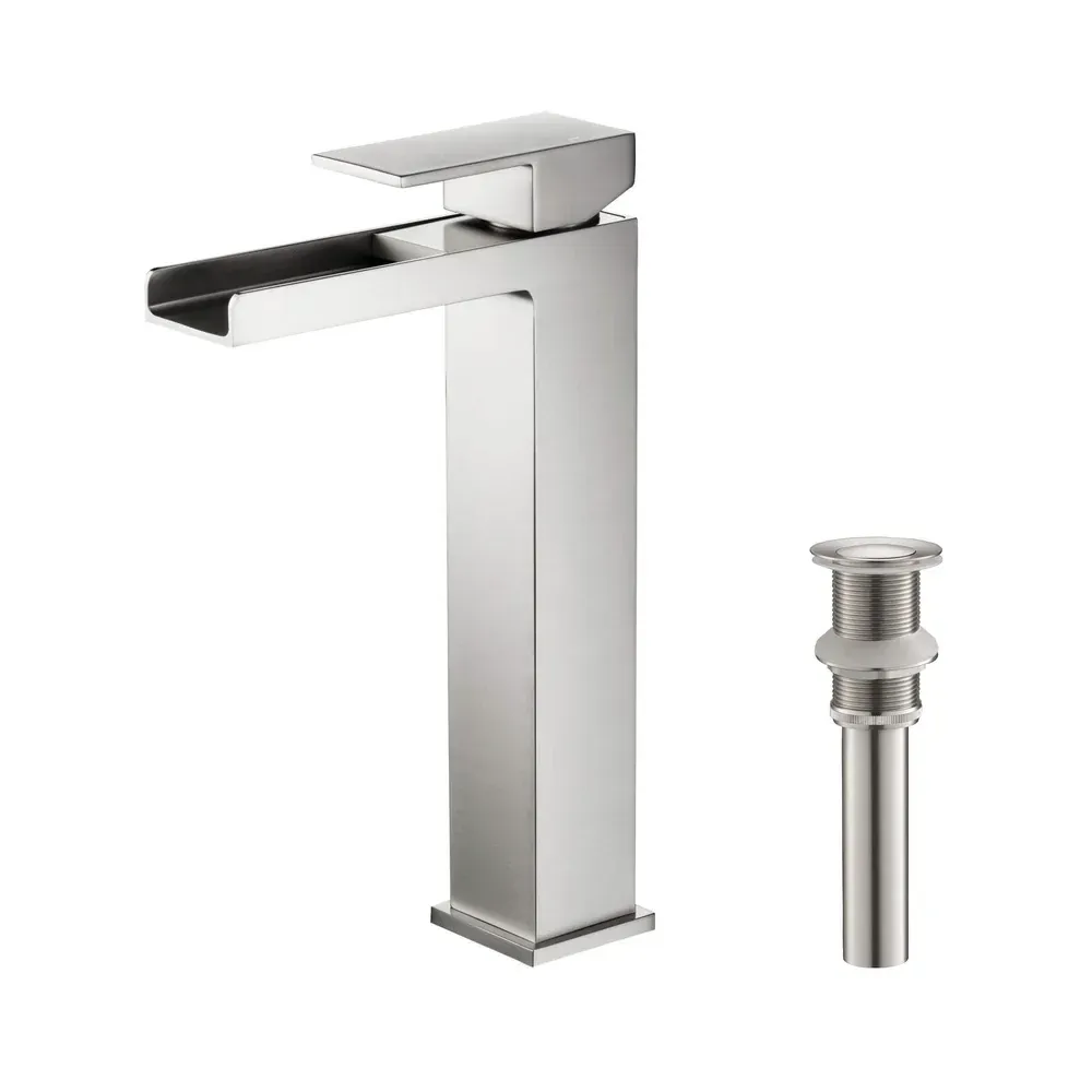 Casa Quadra Waterfall Single Handle Bathroom Vessel Sink Faucet with Pop Up Drain Brushed Nickel - CBF-1005BN