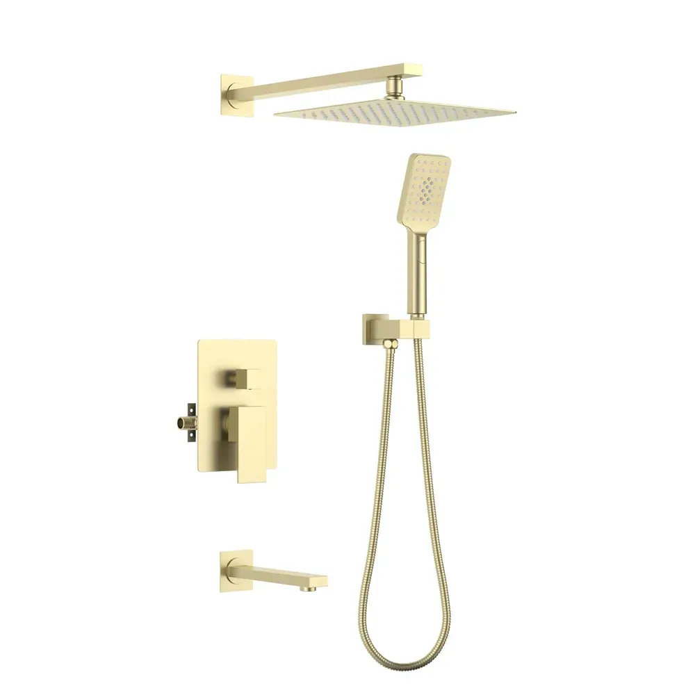 Casa Quadra Pressure Balanced 3-Function Wall Mount Shower System with Rough-In Valve Brushed Gold - CSF-4006BG