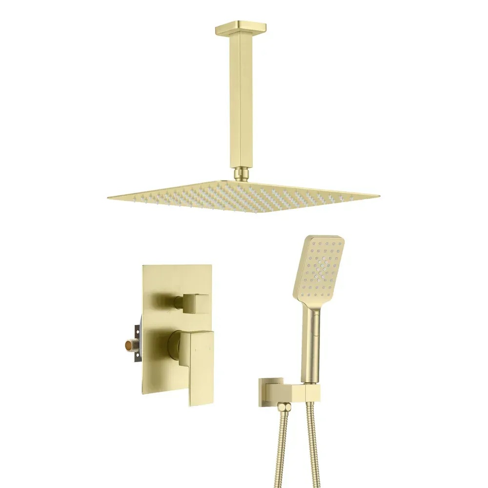 Casa Quadra Pressure Balanced 2-Function Ceiling Mount Shower System with Rough-In Valve Brushed Gold - CSF-4012BG