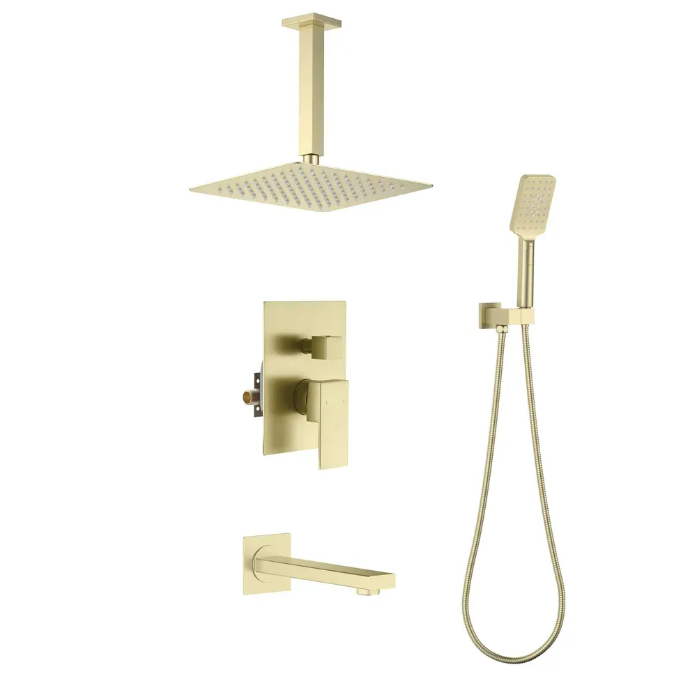 Casa Quadra Pressure Balanced 3-Function Ceiling Mount Shower System with Rough-In Valve Brushed Gold - CSF-4013BG