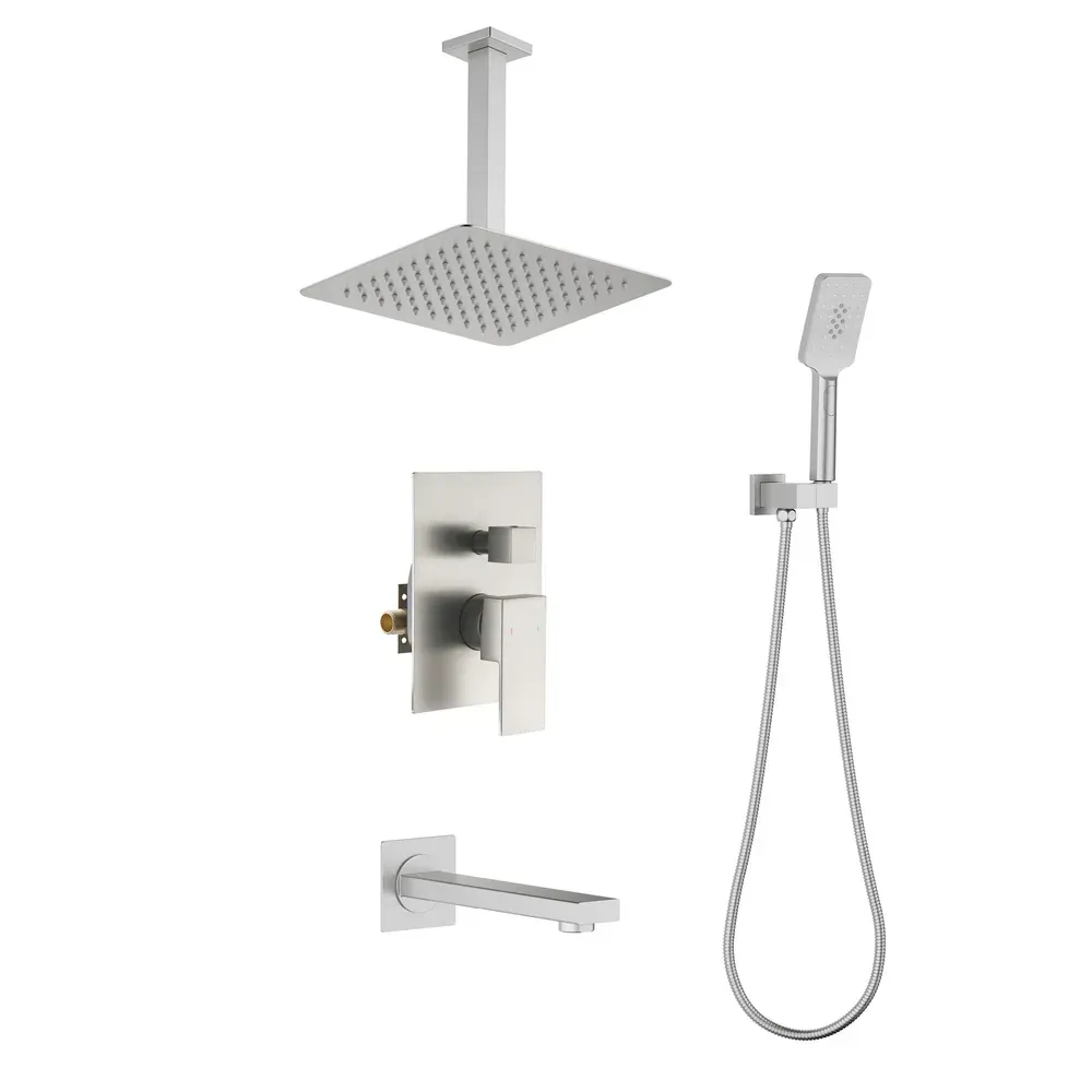 Casa Quadra Pressure Balanced 3-Function Ceiling Mount Shower System with Rough-In Valve Brushed Nickel - CSF-4013BN