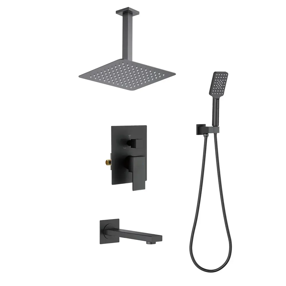 Casa Quadra Pressure Balanced 3-Function Ceiling Mount Shower System with Rough-In Valve Matte Black - CSF-4013MB