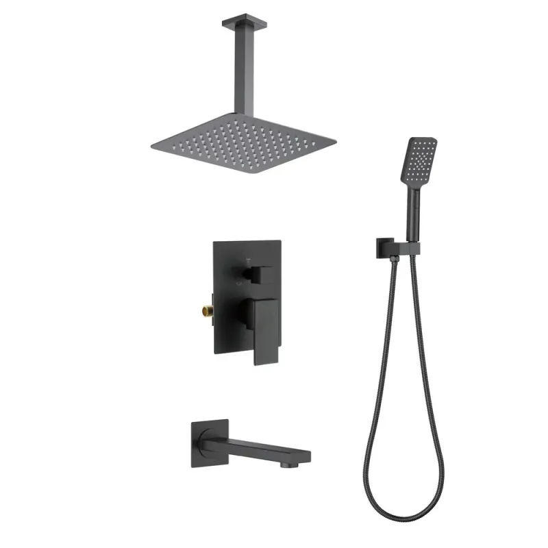 Quadra Pressure Balanced 3-Function Ceiling Mount Shower System with Rough-In Valve Matte Black - KBCSF-4013MB