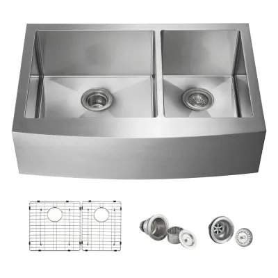 33" Handcrafted Farmhouse Apron Double Bowl Stainless Steel Kitchen Sink - KBC1-33DF