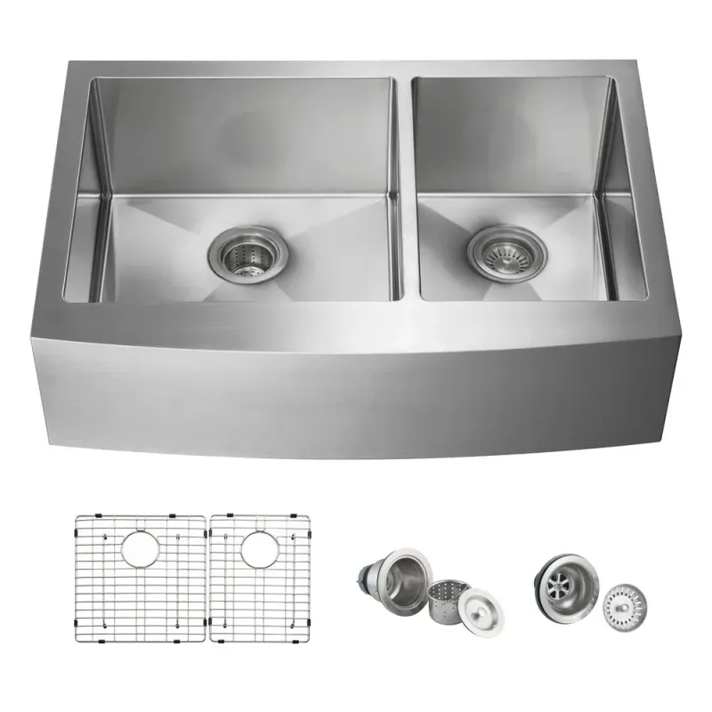 33" Handcrafted Farmhouse Apron Double Bowl Stainless Steel Kitchen Sink - KBC1-33DF
