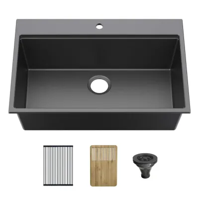 33" Black Top-Mount Workstation Single Bowl Quartz Kitchen Sink - KBC4-33TST