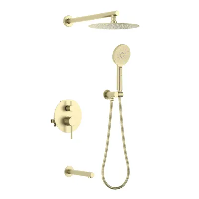 Halo Pressure Balanced 3-Function Wall Mount Shower System with Rough-In Valve Brushed Gold - KBCSF-4004BG Halo Pressure Balanced 3-Function Wall Mount Shower System with Rough-In Valve Brushed Gold - KBCSF-4004BG