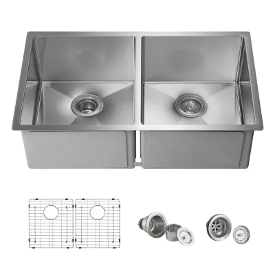 32 3/4" Handcrafted Undermount Double Bowl Stainless Steel Kitchen Sink - KBC1-33DEQ