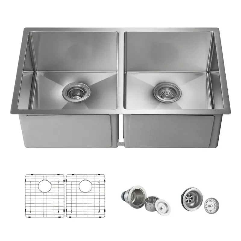 32 3/4" Handcrafted Undermount Double Bowl Stainless Steel Kitchen Sink - KBC1-33DEQ