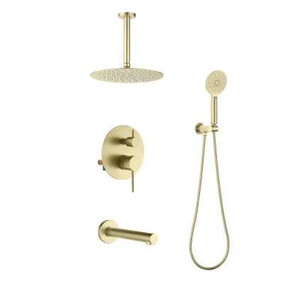 Halo Pressure Balanced 3-Function Ceiling Mount Shower System with Rough-in Valve Brushed Gold - KBCSF-4009BG Halo Pressure Balanced 3-Function Ceiling Mount Shower System with Rough-in Valve Brushed Gold - KBCSF-4009BG