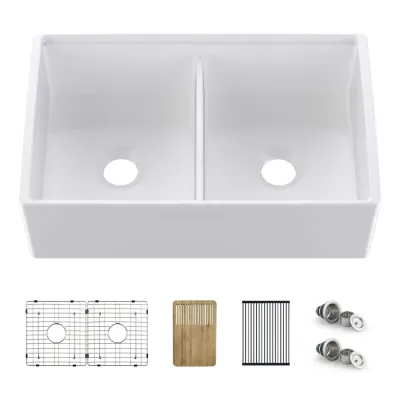 Nova 33 Nova 33" White Fireclay Double Bowl Farmhouse Kitchen Workstation Sink - KBC2-33DFT