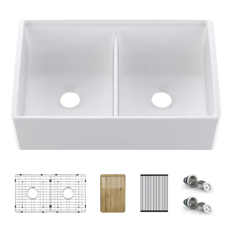 Nova 33" White Fireclay Double Bowl Farmhouse Kitchen Workstation Sink - KBC2-33DFT