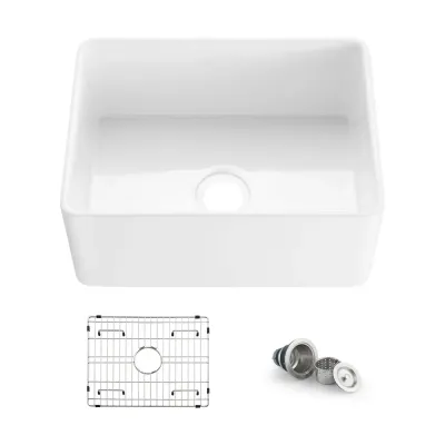 Nova 24" White Fireclay Single Bowl Kitchen Farmhouse Sink - KBC2-24SF
