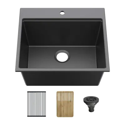 25" Black Top-Mount Workstation Single Bowl Quartz Kitchen Sink - KBC4-25TST