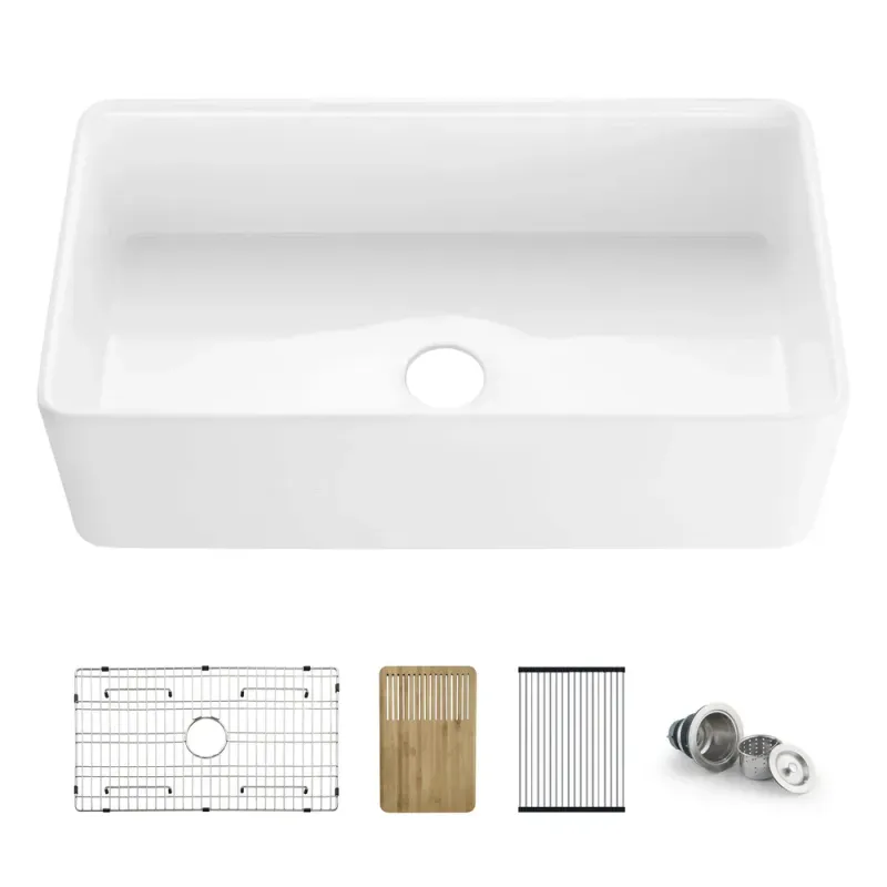 Nova 30" White Farmhouse Fireclay Kitchen Workstation Sink - KBC2-30SFT